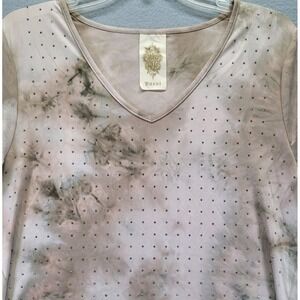 Vocal Women's Short Sleeve Top Size XL Rhinestone Asymmetric Hem Taupe Tie Dye